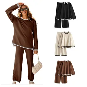 DUTUT Women's 2-Piece Sets Outfits Chic Comfortable Elastic Loungewear Crew Neck Pajama Matching Sweatsuit Set Casual Sweater High Waist Loose Fit Soft Stretchy Fabric Viscose Homewear Pjs