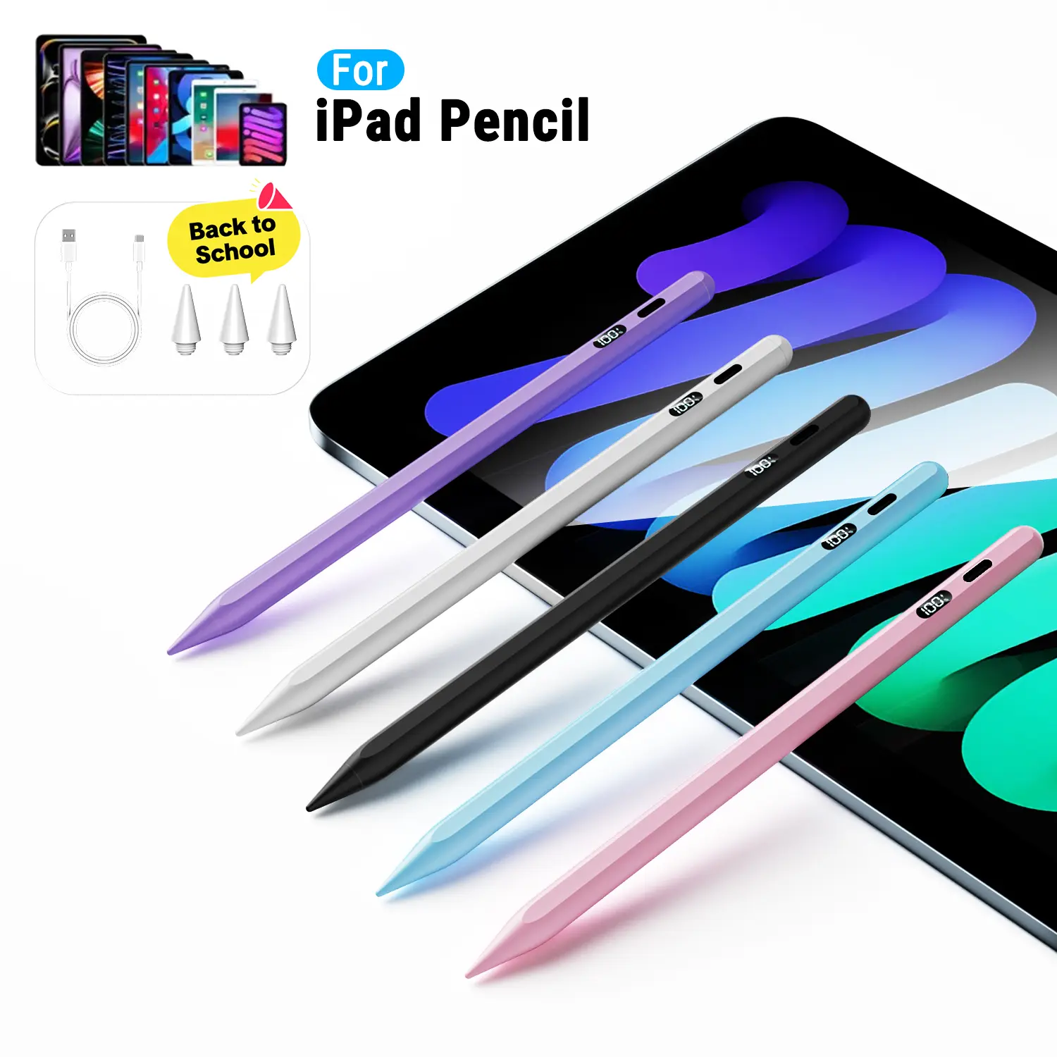 Wireless Aluminum Body LED Stylus Pen for iPad (2018+), Tablet Accessories with Fast Charging, Palm Rejection, Tilt Sensitivity, LED Power Display, Includes Nibs (Fits iPad 10/9/8/7/6th Gen, Pro 11"/12.9" M4, Air 5/4/3 M2, Mini 6/5) TikTokShopBackToSchool