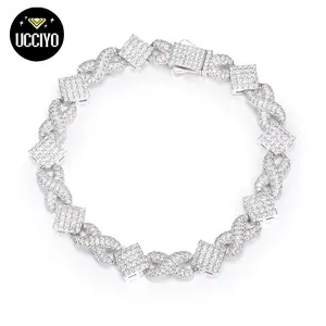 【#B189】 Hip Hop Men Bracelet Iced Out D VVS Synthetic Moissanite 925 Sterling Silver Prong Cuban Link Chain 11mm Infinity Square Symbol Jewelry