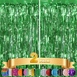 2 Pack Green Streamers Backdrop Jungle Party Decorations Green Foil Fringe Backdrop Curtains Photo Booth Backdrop for Birthday Dinosaur  St Patrick's Day Football Xmas Graduation Party Decors