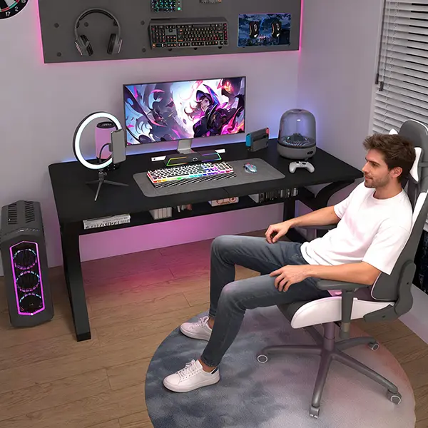 Computer Desk, Computer Desk 55/47in, Office Desk w/Metal Frame & Storage, Office Desk for Study Writing Work Game, Home Office Desk Computer Desks w/Waterproof & Scratch-Resistant Surface, Black