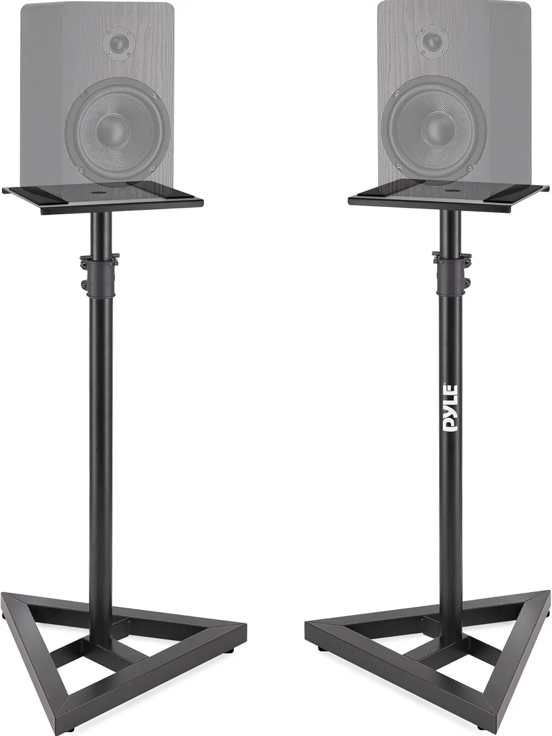 Speaker Stands Pair | Universal Floor Standing Monitor Speaker Stands with 26" to 52" Adjustable Height, Metal Triangle Base, 9" Platform - Ideal for Home Theater & Studio Use
