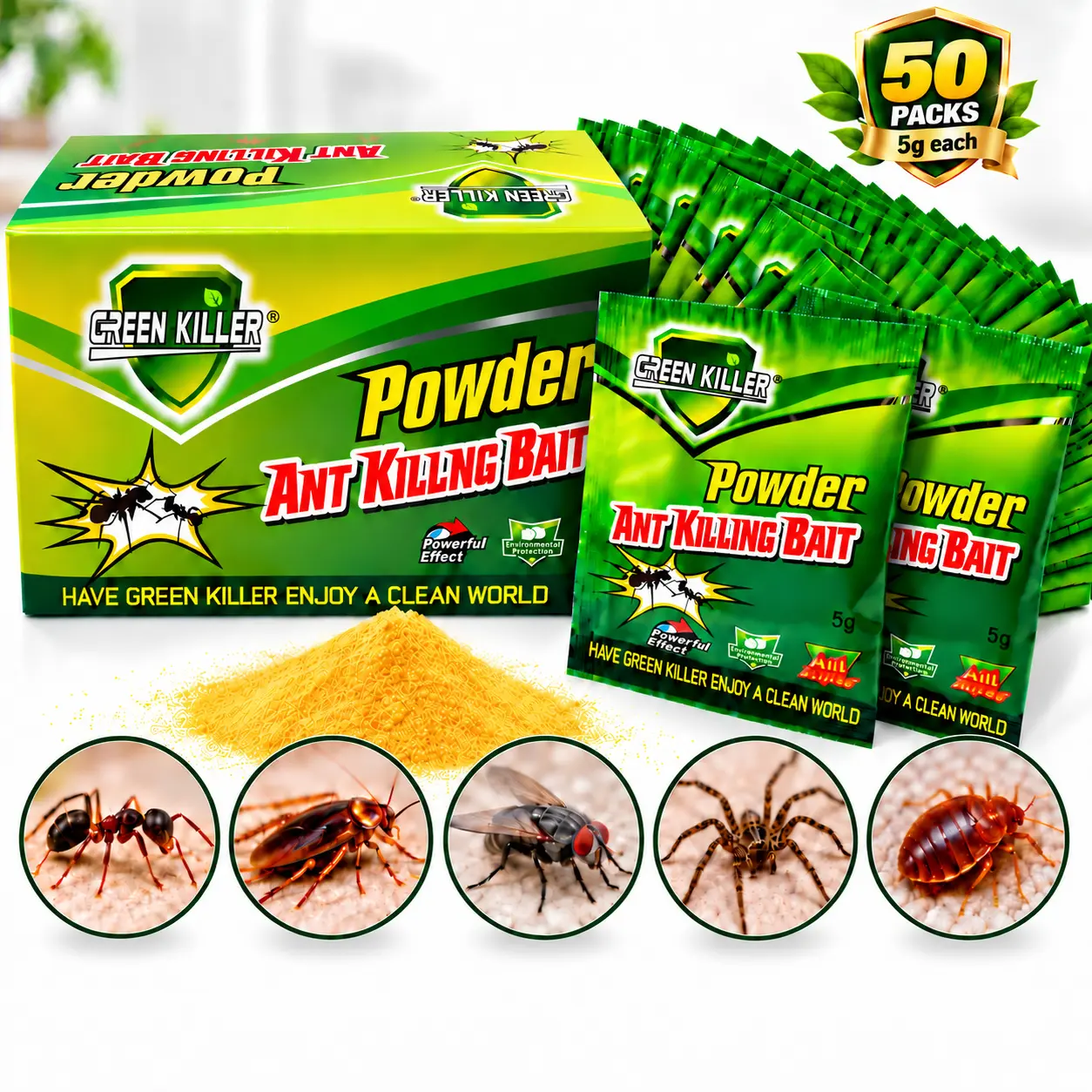 Indoor Insect Pest Control Powder Bait - 1 Box (50 Packs) Fast 24hr Action Bug Killer Indoor, Eliminate Queens & Workers, Cockroach Exterminator for Kitchens, Mess-Free Home Care Supply