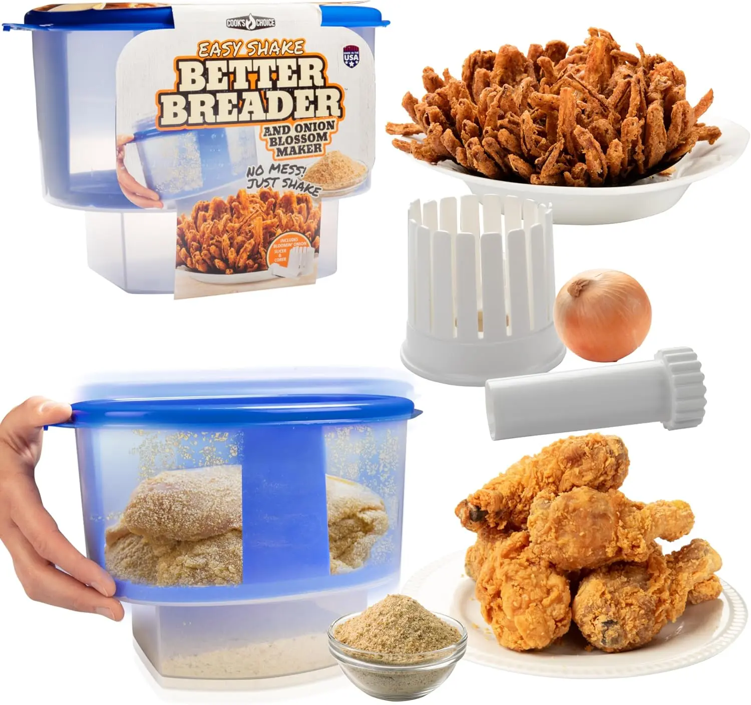 Original Better Breader & Onion Blossom Maker Kitchen Meal Prep Utensils Set - Reusable Breading Station, All-in-1 Blooming Set with Core Cutter, Knife Guide for Chicken, Vegetables