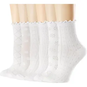Women's Ruffle Socks Casual Lace Cotton Crew Summer Ultra Thin Cute Frilly Ankle Socks for Women 6 Pairs