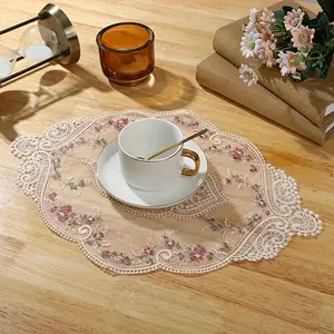 4pcs Vintage Classic Floral Lace Embroidery Placemats - Embroidered Cutwork Table Centerpiece for Home Office Decoration
