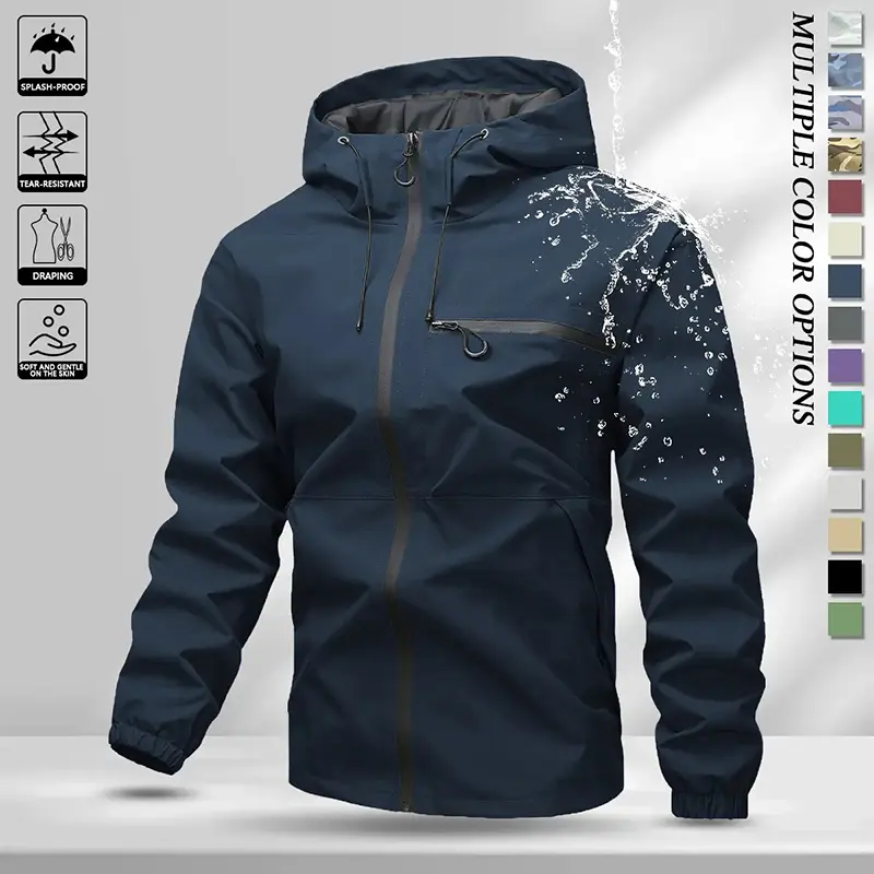 Men’s Fitted Plain Polyester Softshell Hooded Jacket - Sportswear, Washed Look, Lightweight, Windproof, Waterproof, Drawstring, Zippered Pockets, Outdoor Casual Unisex Ripstop Hardshell