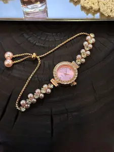 Multicolor Dial Pearl Diamond Watch Set, Elegant Ditsy Floral Quartz Analog, Women's Daily Accessory, All Seasons, Jewelry Watch, Fashion Watches
