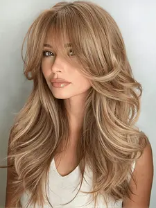 Realistic Wavy Wig with Curtain Bangs, Natural-Looking Synthetic Soft Hair Wig, Mixed, Shoulder-Length Design, Heat-Resistant Material, Synthetic Wigs