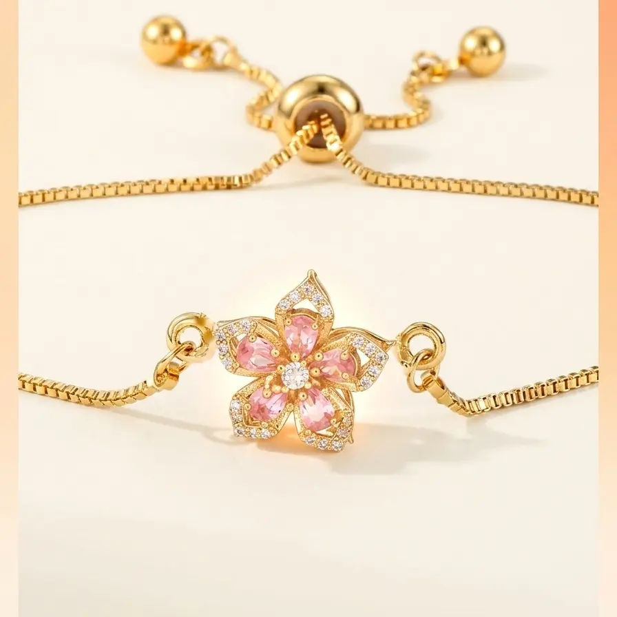 Golden Tone Spinner Bracelet for Women, Pink Clover Flower Charm with Cubic Zirconia, Adjustable Box Chain Fashion Wrist Jewelry, Everyday Gift, Clover Flower Bracelet, Golden Tone Bracelet