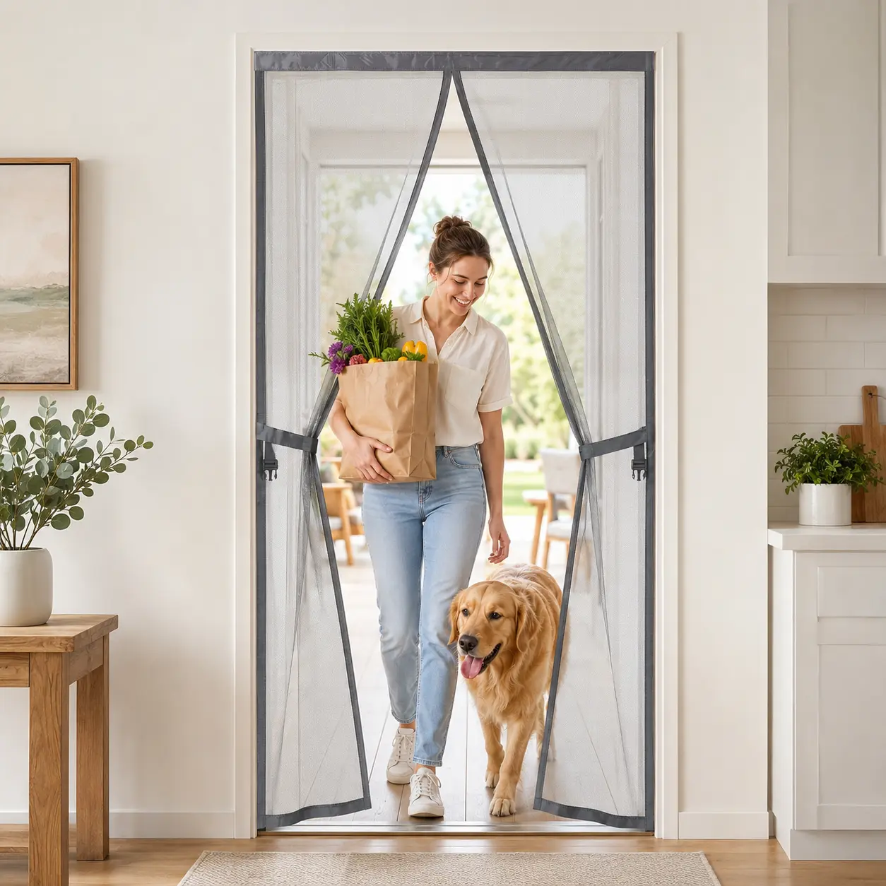 BTTO Breathable Magnetic Mosquito Door Curtain, Fits Door Size 36" x 82" Upgraded Magnetic Screen Door with Heavy Duty Mesh  Hook Loop Self-Sealing Hands-Free Magnetic Curtain with Widened Full Frame Pet and Kid Friendly