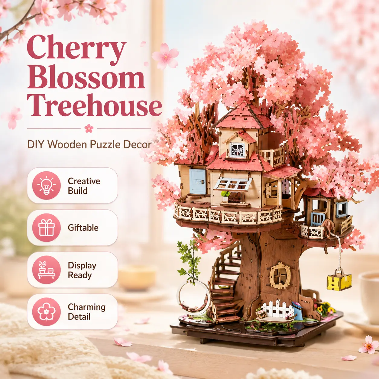 【Rolife】Cherry Blossoms 3D Interlocking Wooden Handmade Puzzle DIY Hobbies Kit for Adults with LED Lights - Stress Relief Toy, Fun Gifts, House Decoration Craft