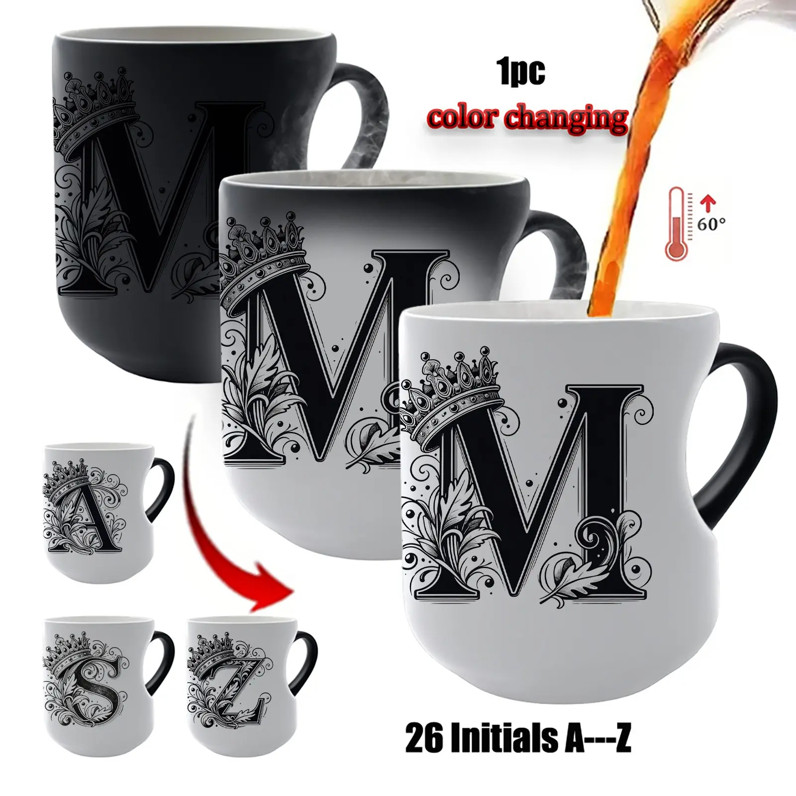 Magic Color Changing Mug, Crown Monogram A-Z Initials, Heat Sensitive Coffee Cup, Ceramic Mugs, Ceramic Cups, Reusable Ceramic Mug, Drinking Mug, Unique Gift for Him Her, Mother's Day Father's Day, Ceramic Printed Drinkware