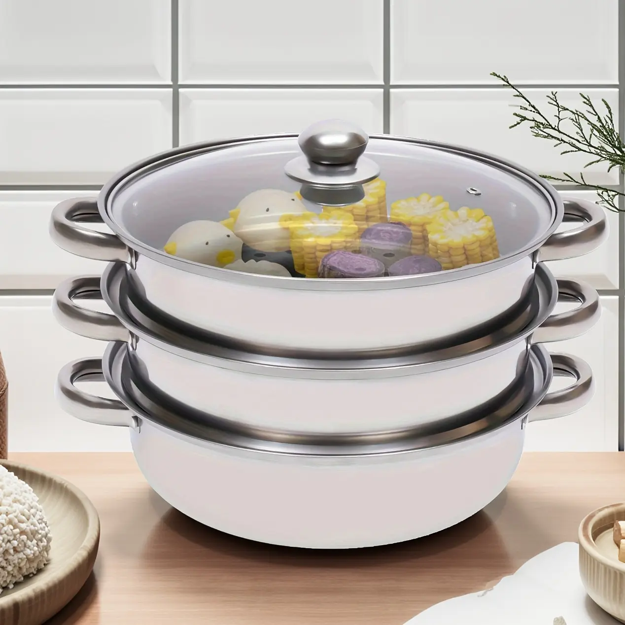 CNCEST 3-Tier Stainless Steel Steamer Pot - Kitchenware Cookware with Transparent Glass Lid, Encrypted Steaming Holes, Handles, Compatible with Gas, Electric, Induction Cooktops