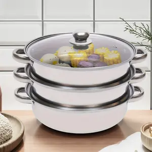 CNCEST 3-Tier Stainless Steel Steamer Pot with Transparent Glass Lid Encrypted Steaming Holes and Handles Compatible with Gas, Electric Induction Kitchenware Cooking
