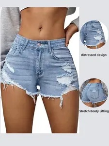 Women's Summer Vintage Washed Y2K Stretch Tight Distressed Jeans Shorts, Retro Style High Waist Denim Bottoms, Comfortable & Trendy