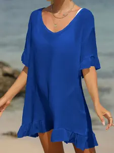 Beach Vacation Transparent Bikini Cover-Up, Simple Loose-Fitting Tie Up Dress, Casual Plain Clothing for Women, Swimwear Cover Up, Swimsuit Cover Up