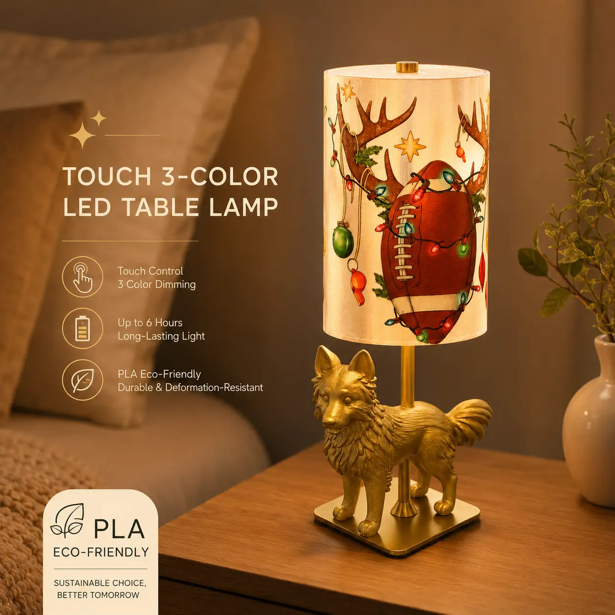 Christmas Football Antler UV-Printed PLA Rechargeable Table Lamp, Touch Control, 3-Color Stepless Dimming, Cordless Ambient Light, Golden Wolf Sculpture Metal Base, Type-C Charging, Portable Battery Night Light for Bedrooms, Cafés, Villas