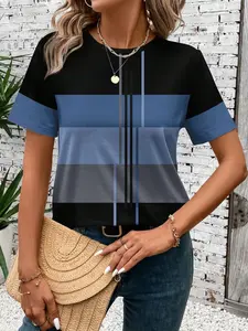Women's Striped Print Tee, Casual Short Sleeve T-shirt for Summer, Ladies Clothes for Daily Wear