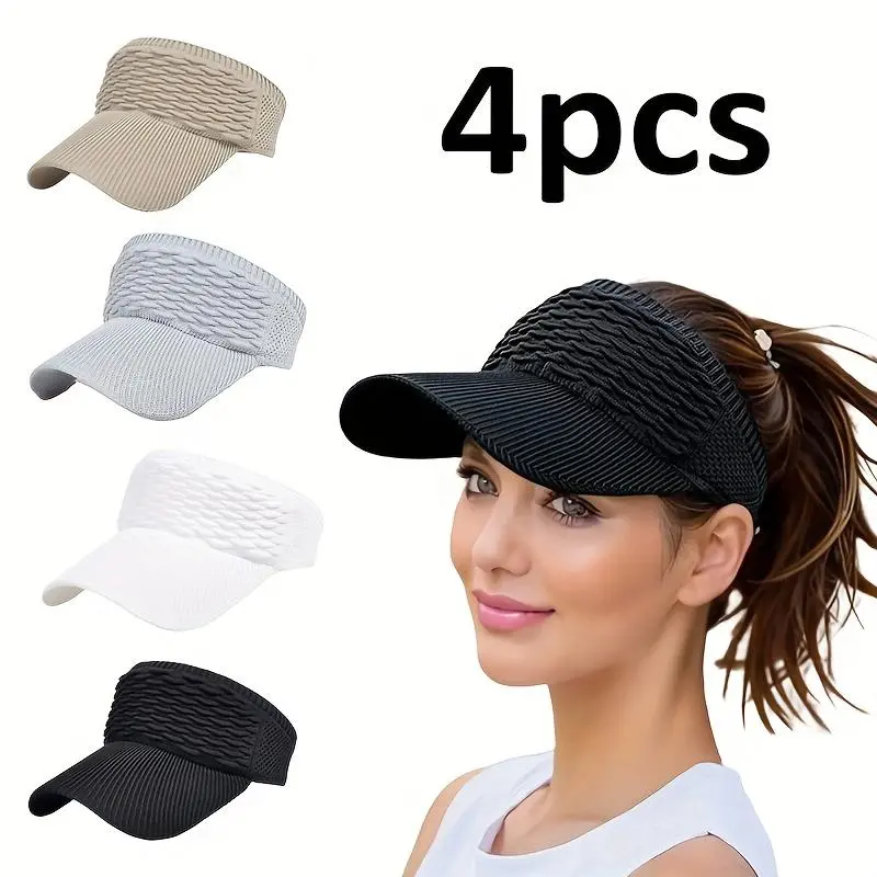 Women's 4-Pcs Anti-UV Breathable Adjustable Empty Top Visor Caps, Breathable Sports & Outdoor Hats for Tennis, Golf, Outdoor Activities