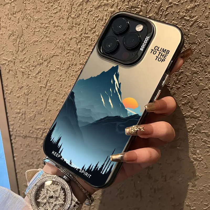 Ink-Wash Mountain Sunset Pattern Phone Case for iPhone 15,16,14 Pro Max,13,12,11,XR,XS Plus,E - Shockproof Drop Protection Durable PC Handheld Devices Casing, Mobile Phone Accessories Protector, Silicone