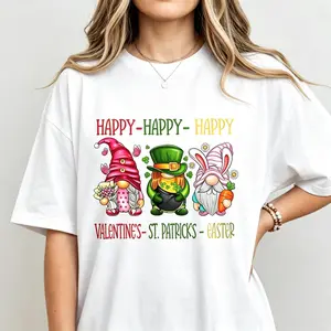 Happy Holiday Gnome Graphic Tee, Valentines St Patricks Easter Trio Elf Printed Short Sleeve Top, Classic Crew Neck Casual T-Shirt, Lovely Seasonal Daily Outfit For Women Festival Celebration Wear