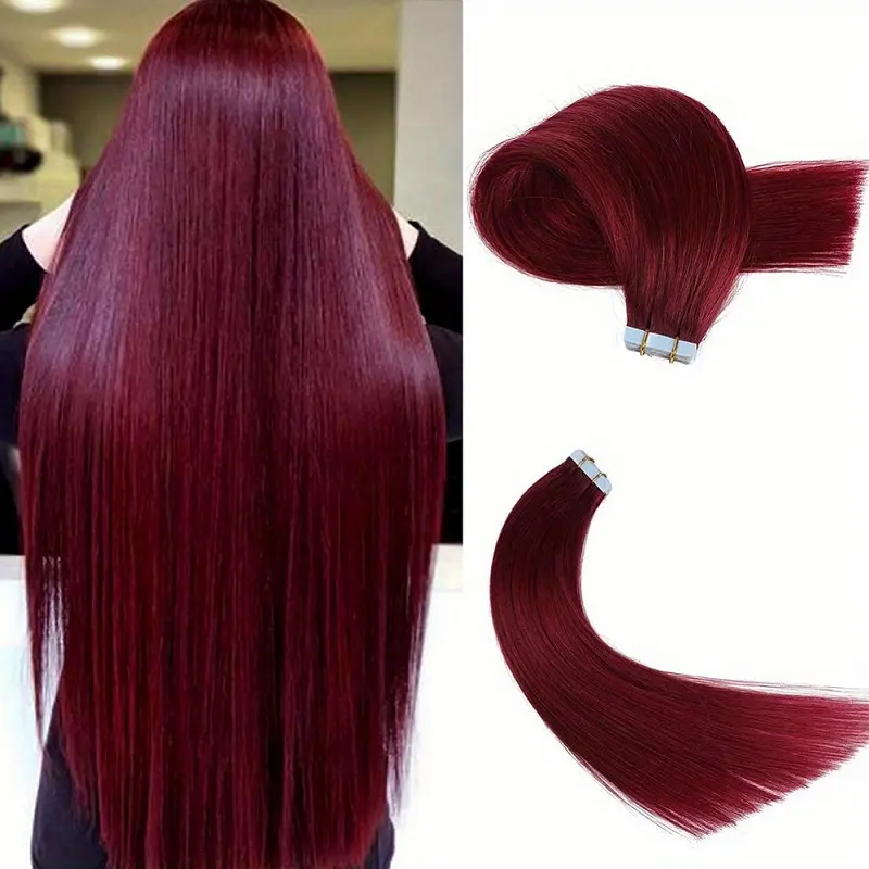 99J Burgundy Tape-In Straight Premium Human Hair Extensions, Hair Weave Extensions, Natural Looking Straight Pieces, Natural Looking Hair