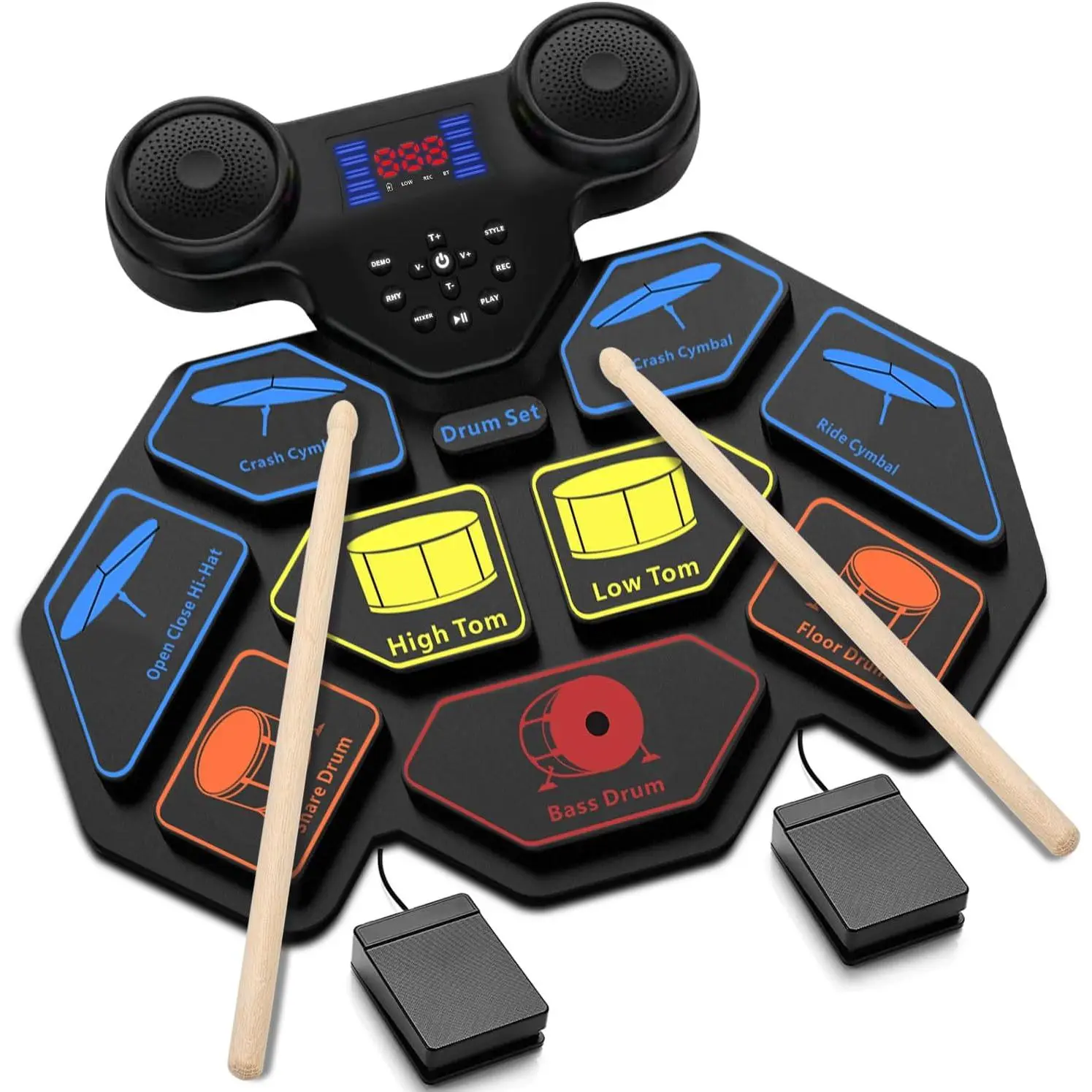 Drum Set -  Electric Drum Set Roll Up Portable Drum Kit MIDI Practice Drum Pad with Dual Built-in Speaker, Drum Sticks and Pedals, Christmas Birthday  for  Adult