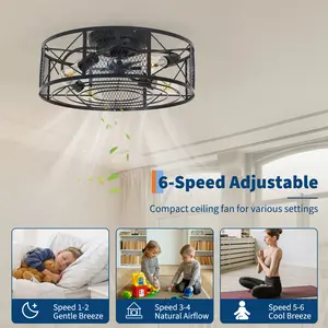 19" Flush Mount Ceiling Fan with Light, Caged Low Profile Fan, 6 Speed Reversible, Timing Function, Remote Control, Farmhouse Style for Bedroom, Kitchen, Dining Room