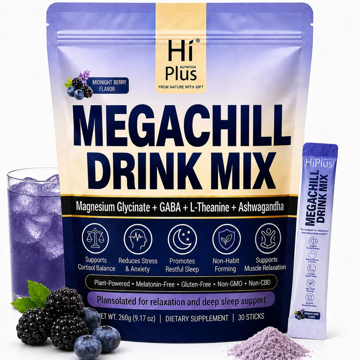 HiPlus MEGACHILL Drink Mix with KSM-66 Ashwagandha Vitamin D3 Magnesium & L-Theanine Supports Cortisol Balance Mood Sleep 20 Servings Travel Packets Dietary Supplement