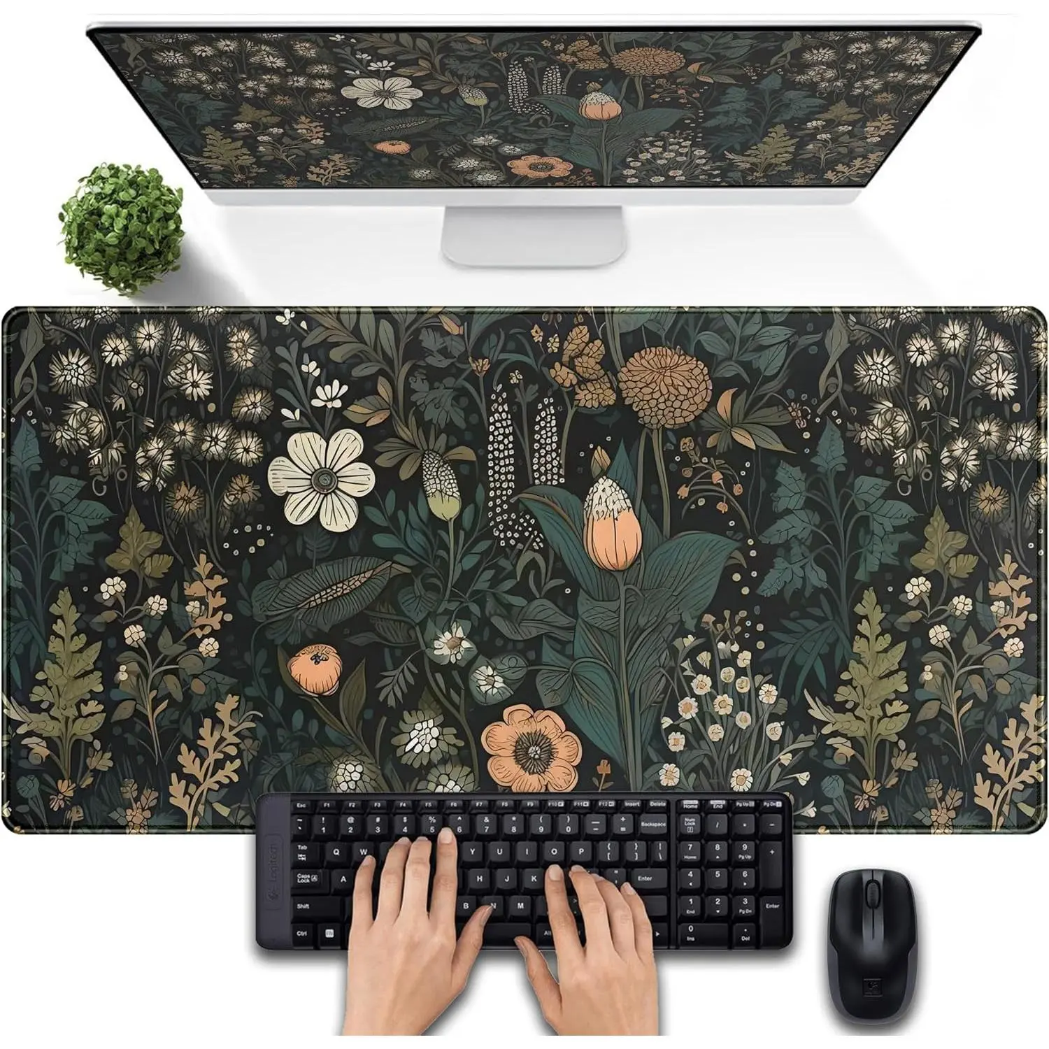 Dark Flower Desk Mat Floral Plants Mouse Pad, Aesthetic Wildflowers Large Gaming Mousepad Desk Pad,  Keyboard Mouse Mat Full Desktop Mat Women Office Desk Accessories Cover Mat 24"x14"