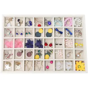 40 Grid Jewelry Organizer Tray, Stackable Drawer Earring Organizer with Adjustable Dividers, Jewelry Display Tray for Necklace Earring Ring Bracelet, 13.8" x 9.4" x 1.2", Beige