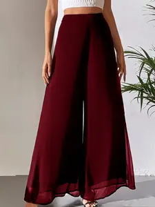 Women's High-End Draped Chiffon High Waist Wide Leg Pants, Versatile Slimming Vacation Style Floor-Length Trousers, Elegant Fashion, Womenswear