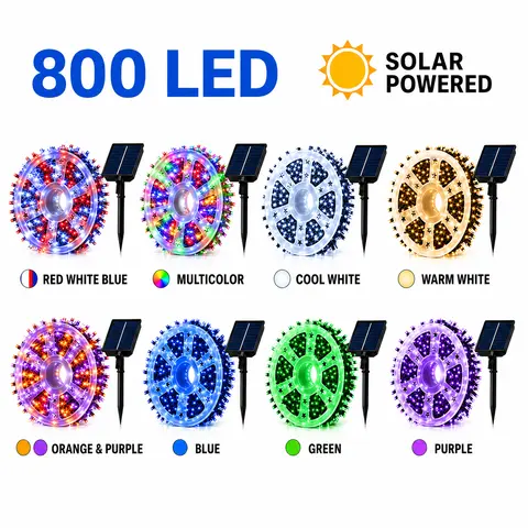 800-LED Solar Outdoor String Lights, 334.6-Foot Length with Remote Control, 8 Color Options (Warm Light, Green, Colorful + 5 More), IP44 Waterproof, Ideal for Patios, Holiday Decorations