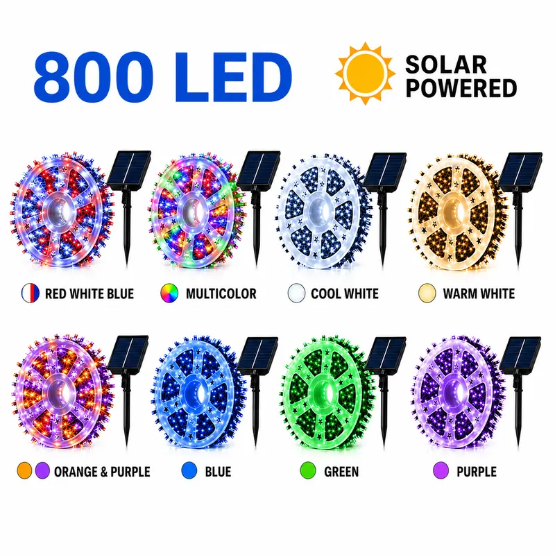 800-LED Solar Outdoor String Lights, 334.6-Foot Length with Remote Control, 8 Color Options (Warm Light, Green, Colorful + 5 More), IP44 Waterproof, Ideal for Patios, Holiday Decorations