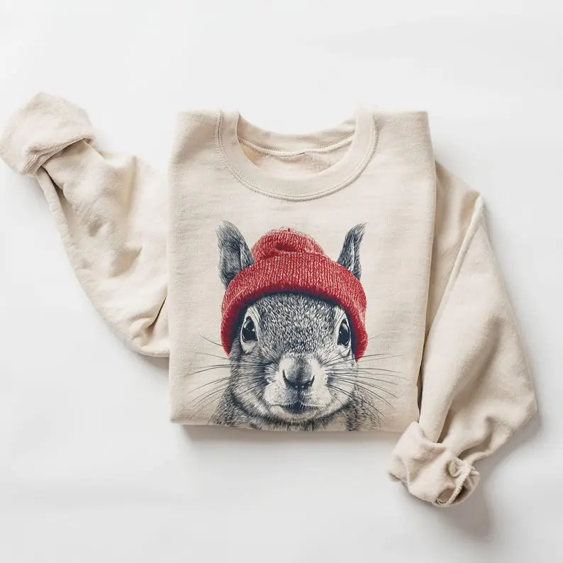 Retro Graphic Sweatshirt for Women with Squirrel Print, Casual Long Sleeve Cotton Blend Pullover Tops