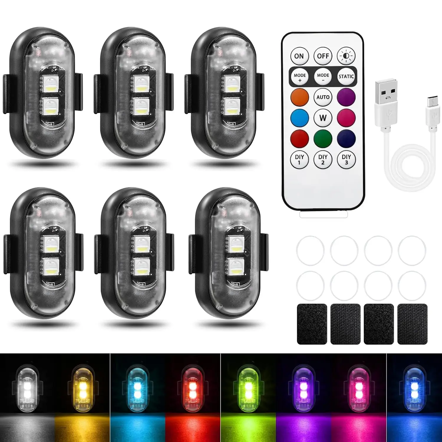 Wireless RGB Led Strobe Light USB Charing Waterproof Remote Control Motorcycle Flash Light Warning Lights for Bike Car Multifunctional