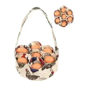 Country Fabric Egg Basket with Handle and 7 Pockets, Farmhouse Style Open Chicken Pattern, Suitable for Hens Ducks Geese, Garden Home Kitchen Storage Bag, Food Storage Organizer, Vegetable Basket Bag