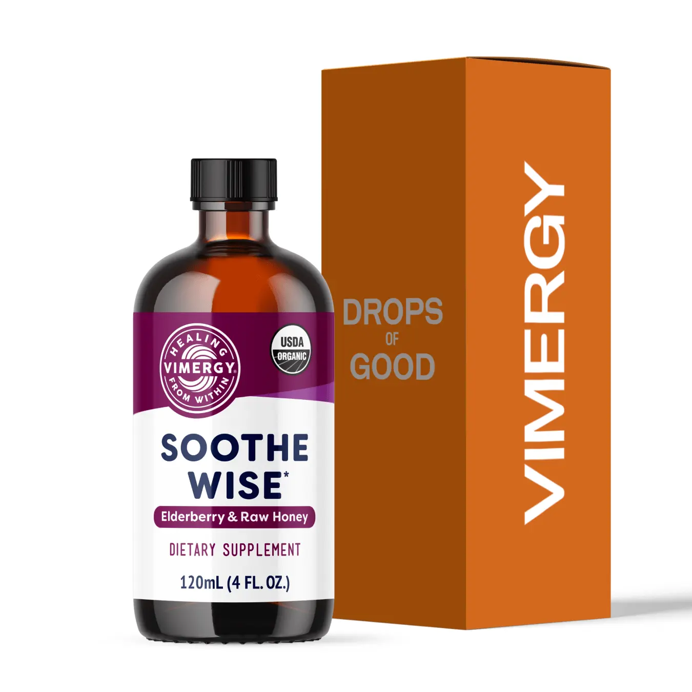 VIMERGY USDA Organic Soothe Wise Elderberry & Raw Honey Formula, 120ml Liquid