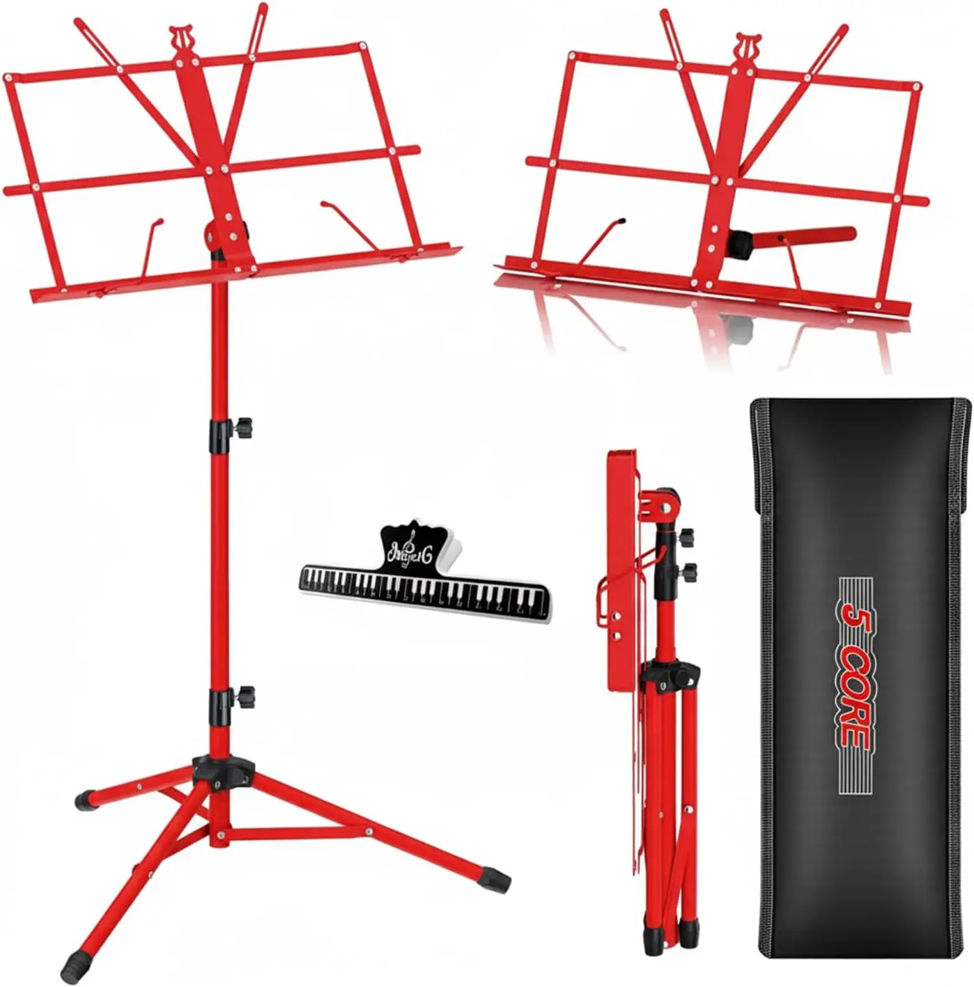 5 CORE All-Metal Height-Adjustable Desktop Music Stand, 11.5(27.9) cm Width, 20(50.9) cm Height, 180° Angle Foldable Portable Sheet Holder with Carrying Bag and Clip