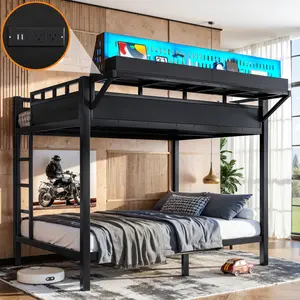 Black Full-over-Full Metal Bunk Bed Frame with Storage Shelves, Pegboard, USB Ports, LED Lights, Space-Saving Metal Bed Frames for Teens, Adults