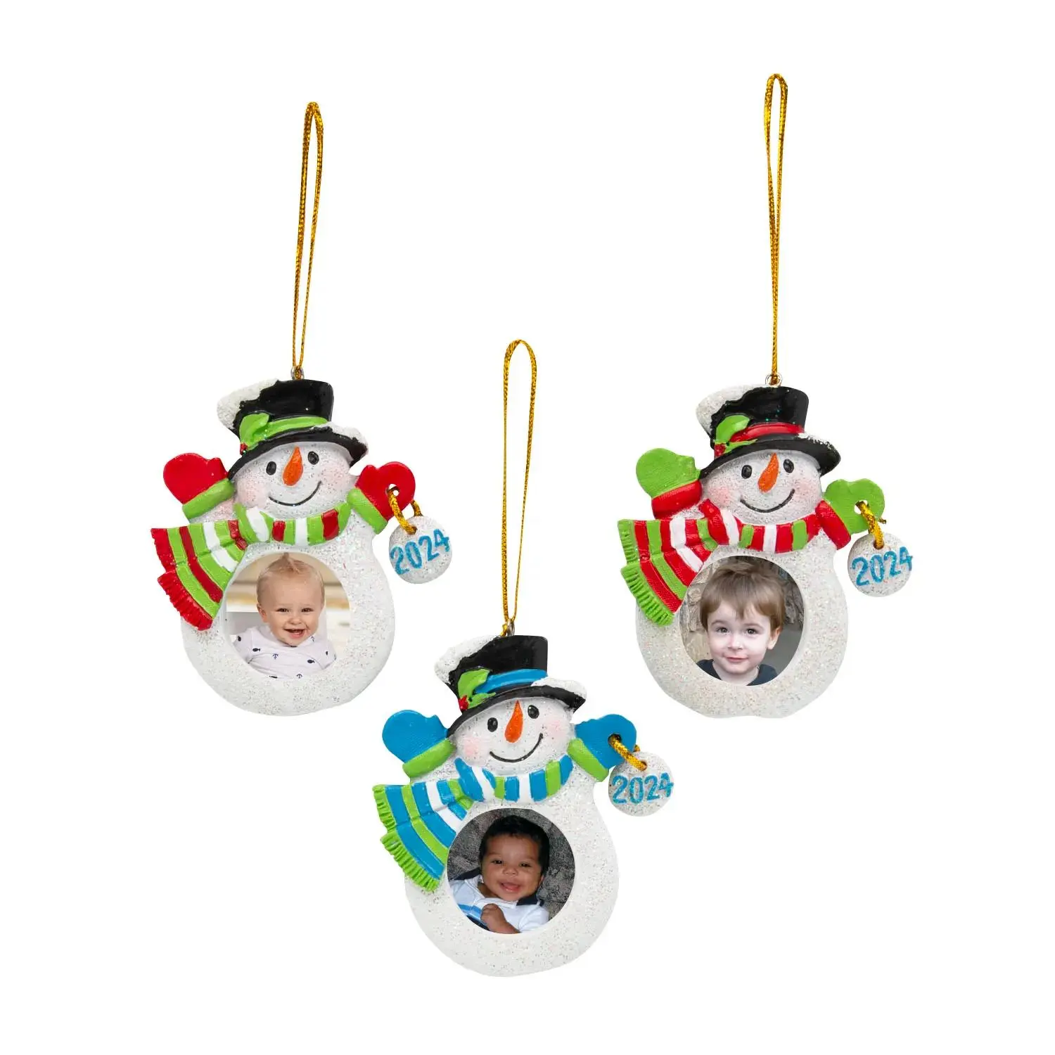 2024 3.5" Resin Snowman Ornaments with Photo Frame, Scarf & Hat - 12 Pcs for Christmas Tree Decor, Window Display (Home & Festive Party Supplies)