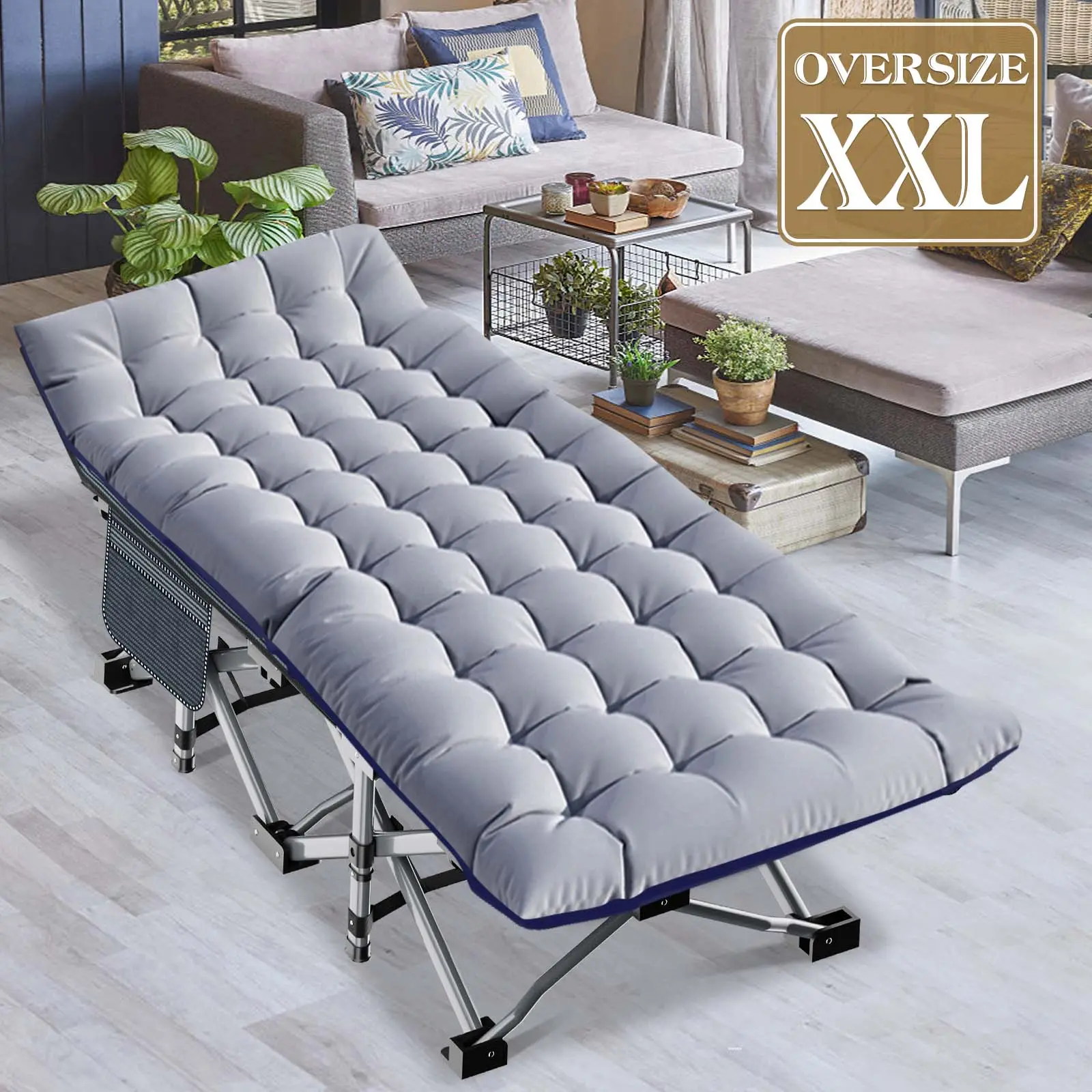Lilypelle Oversized XXL Folding Camping Cot, 75" L x 28" W x 14"H / 78" L x 32" W x 18"H Heavy Duty Sleeping Cots w/Carry Bag, Up to 990LBS, Druable Triangular Construction, Double Layer Oxford Portable Travel Camp Cots,summerwins summergarden,father'sday