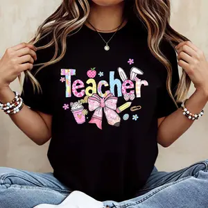 Cute Teacher T Shirt With Colorful Lettering And School Supplies Print For Women Casual Wear And Teaching Work