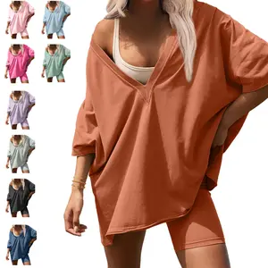 JovenPara Women's 2 Pieces Outfit Oversized T Shirt V Neck Tops Hot Short Reversible Set Biker Shorts Tracksuit Workout Outdoors