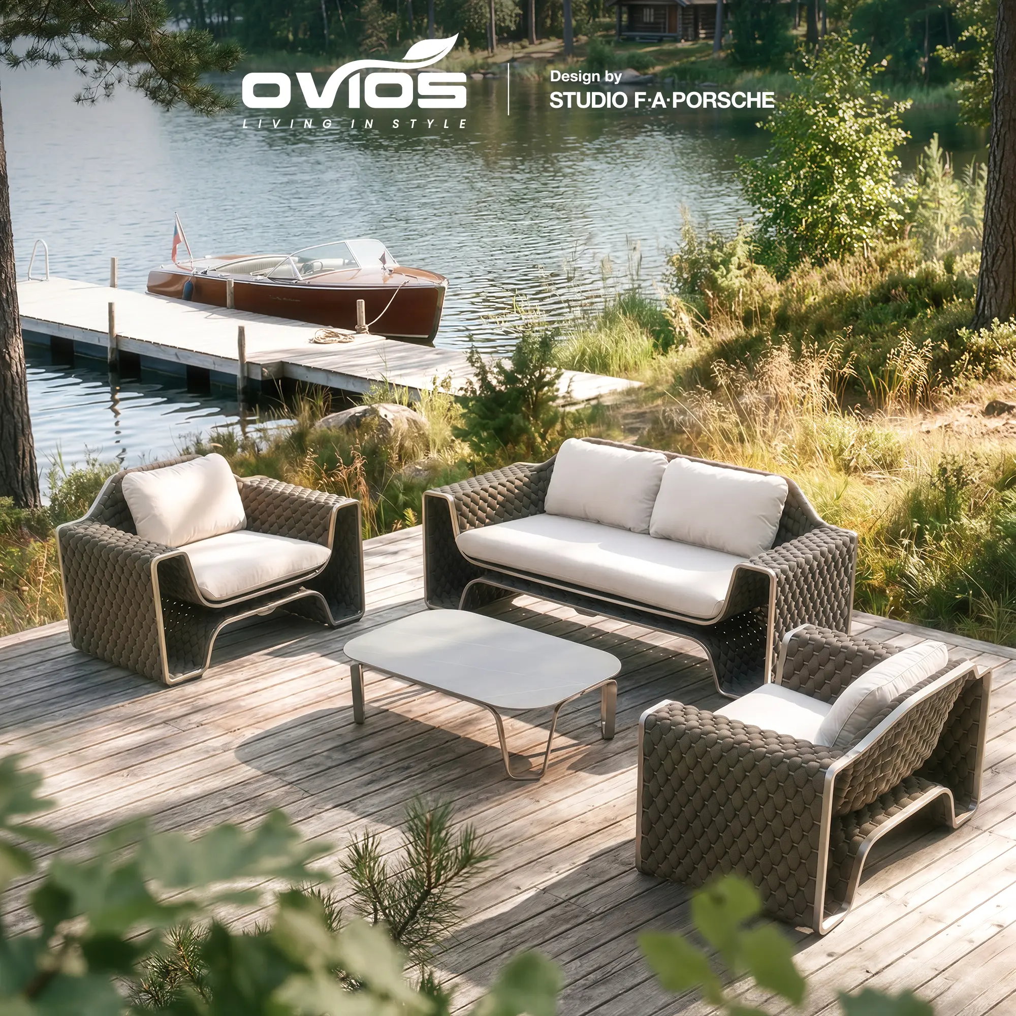 【Back To School】OVIOS × Studio F.A. Porsche Designer Outdoor Sofa Collection, 4-Piece Luxury Patio Furniture Set with Coffee Table, Masterfully Hand-Woven Craftsmanship, Aviation-Inspired Aluminum Frame for Villa Terrace & Luxury Backyard