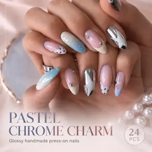 24 Pcs Short Almond Press-On Nails, Metallic Silver Stars, Macaron Blue Polka Dots, Glossy Jelly Fake Nails, Reusable, Includes Glue & File, Nail Art Design, Nail Glue Included