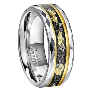 Yonifu 8mm Silver Tungsten Carbide Rings for Men Women, Meteorite Chips Gold Foil Galaxy Opal Inlay Wedding Bands, Comfort Fit Polished Promise Engagement Rings, Unique Handmade Jewelry for Anniversary Birthday Gifts