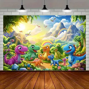 1PC Reusable Polyester Cartoon Dinosaur Backdrop - 2D Flat Jurassic Forest Rainbow Decor Cloth, Banners, Birthday Decoration for Kids Party, Tapestry Wall Mural, Kids Bedroom Decor
