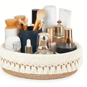 Boho Style Storage Basket with Tassels, Natural Woven Organizer for Cosmetics & Home Decor, Multi-Purpose Rope Box for Organizing Essentials